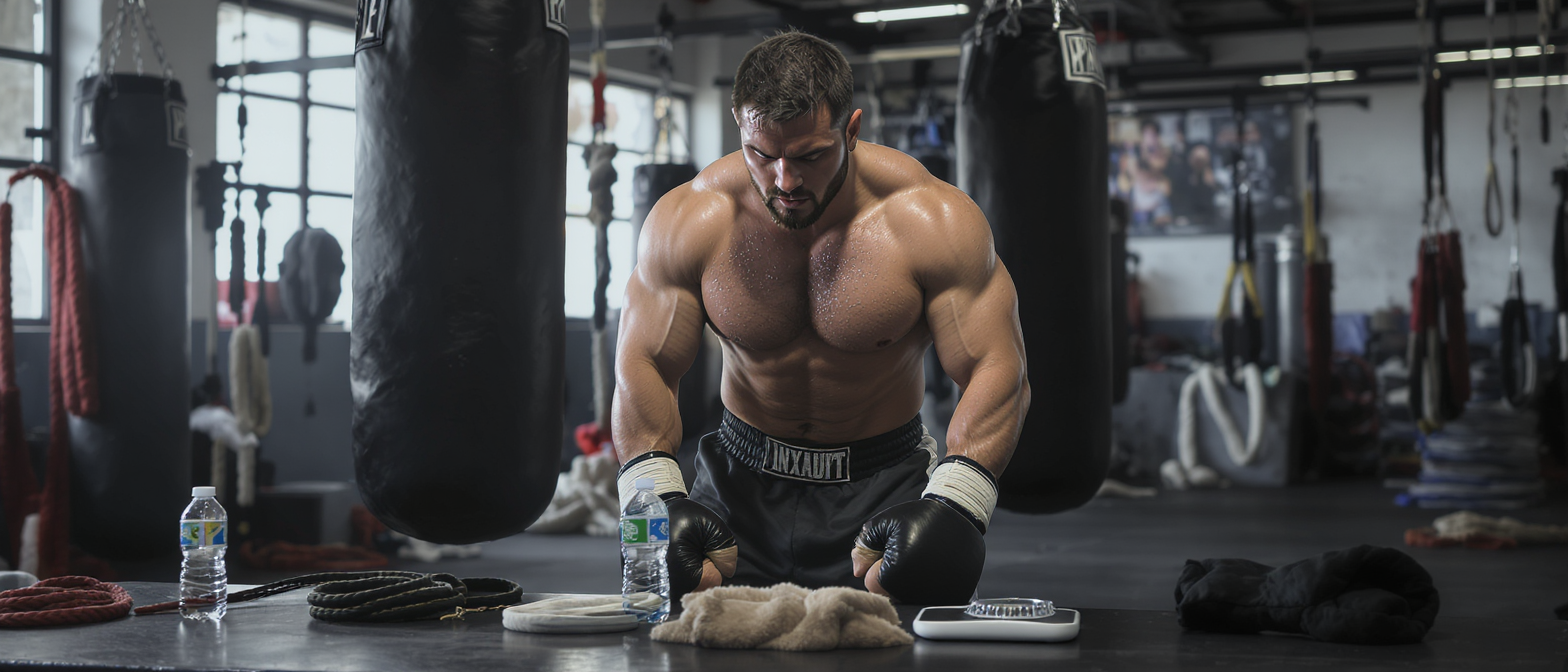 Boxeur assis au sol d'une salle de boxe, entre les sacs de frappe Boxeur assis au sol d'une salle de boxe, entre les sacs de frappe