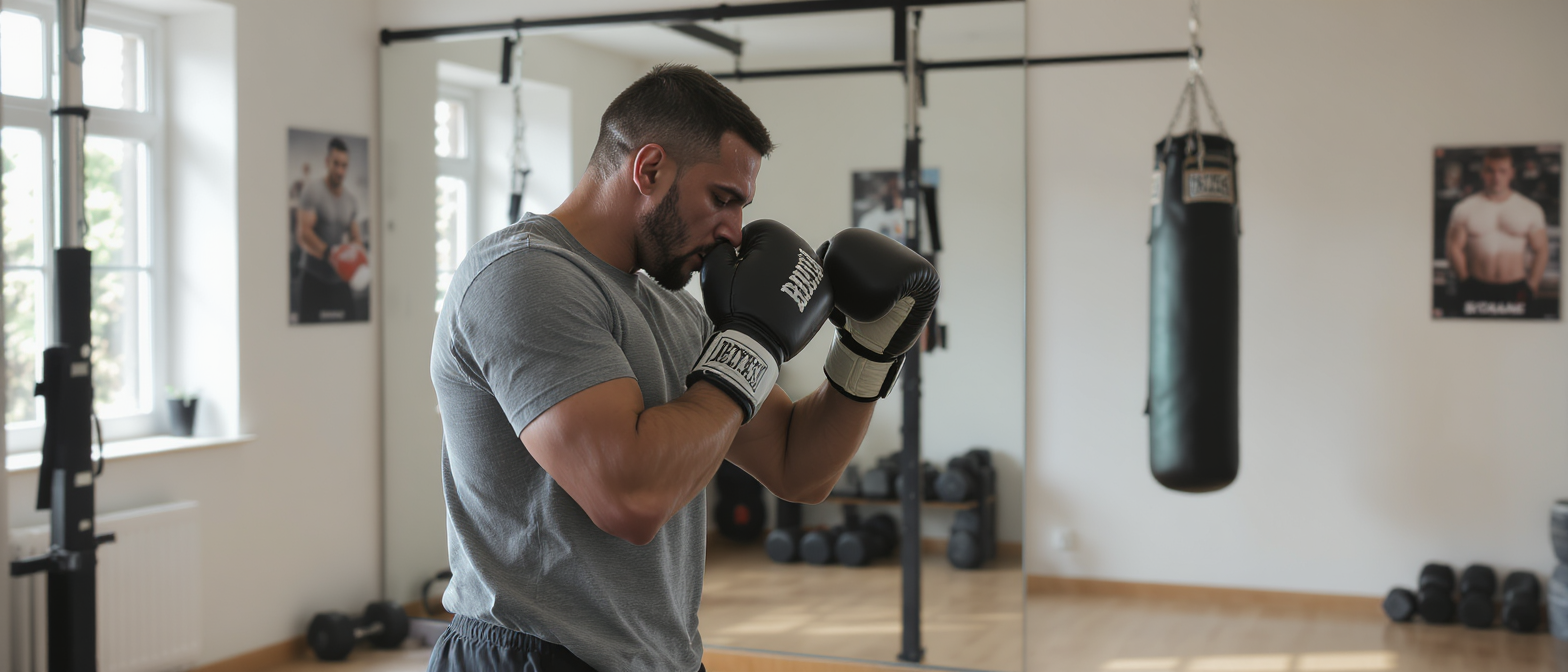 Boxeur en garde qui travaille seul dans une salle lumineuse, sac de frappe au fond Boxeur en garde qui travaille seul dans une salle lumineuse, sac de frappe au fond