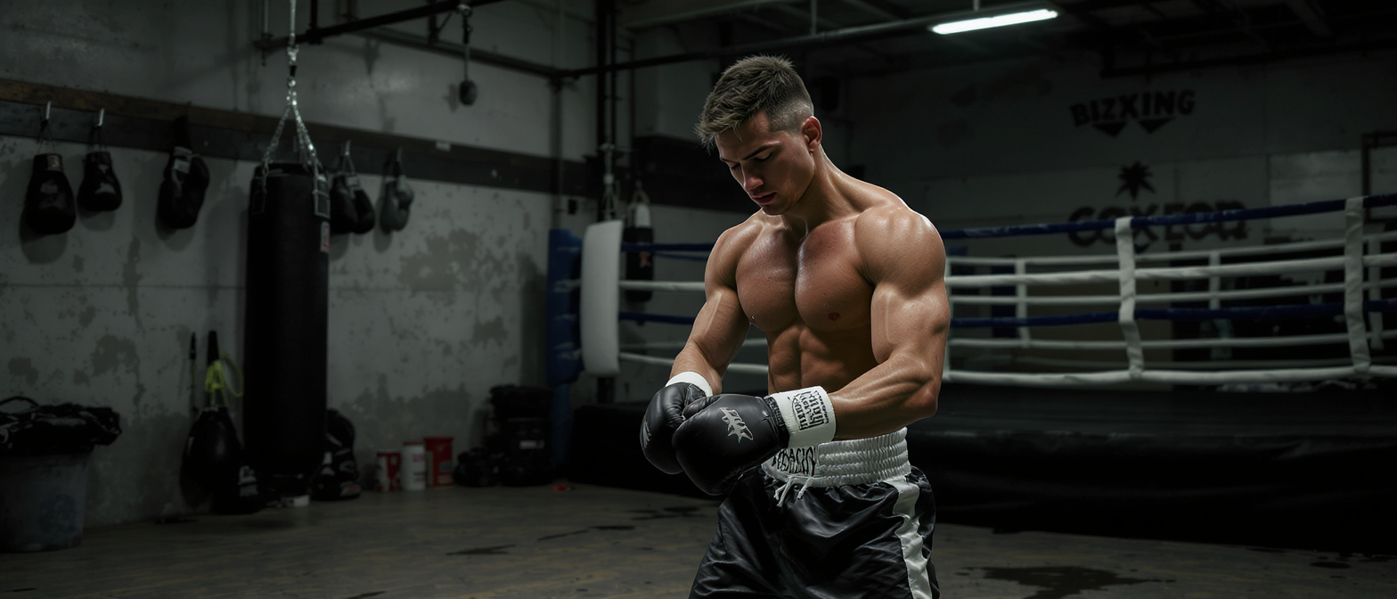 Boxeur torse nu qui ajuste ses gants dans une salle de boxe sombre Boxeur torse nu qui ajuste ses gants dans une salle de boxe sombre