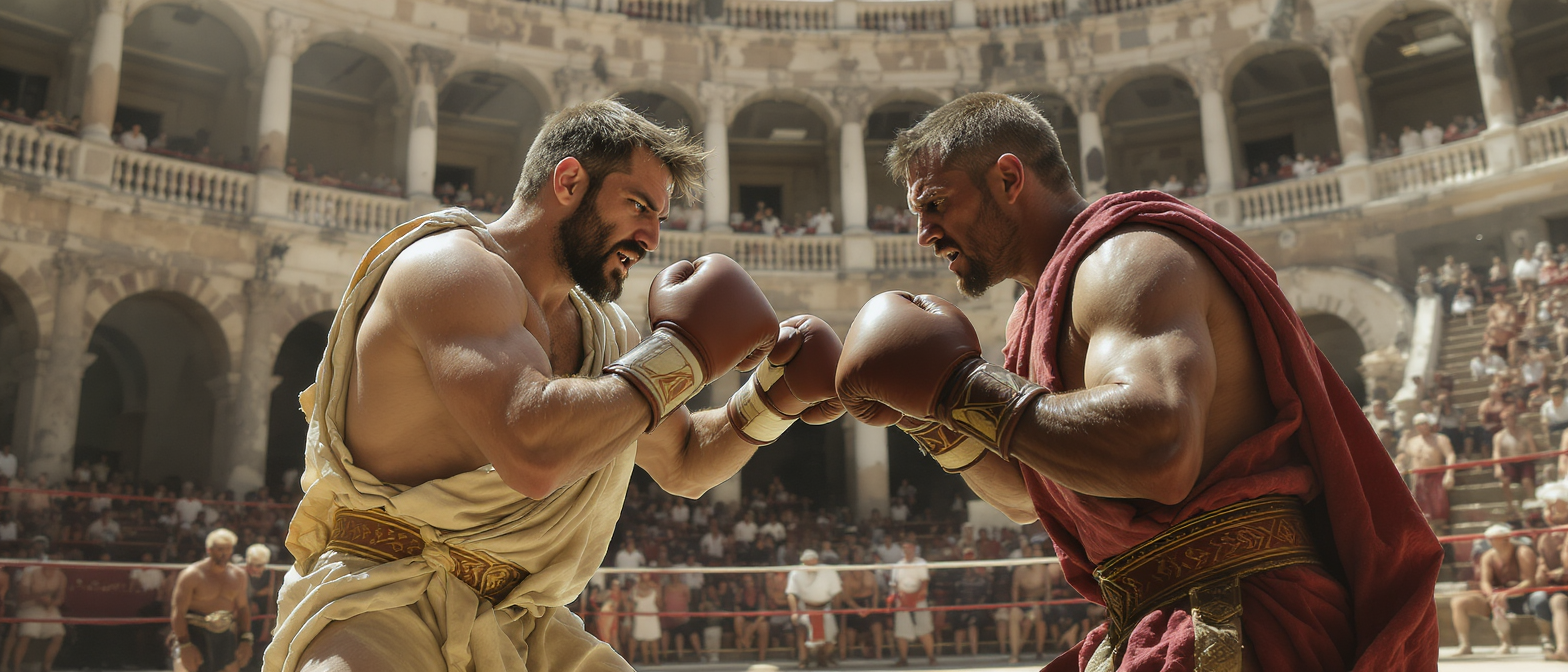 Deux pugilistes en tenue antique qui s'affrontent dans une arène Deux pugilistes en tenue antique qui s'affrontent dans une arène