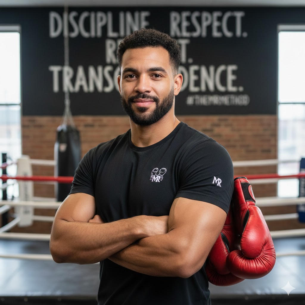 Portrait de Michael Rison, coach sportif, bras croisés devant le ring d'une salle de boxe Portrait de Michael Rison, coach sportif, bras croisés devant le ring d'une salle de boxe